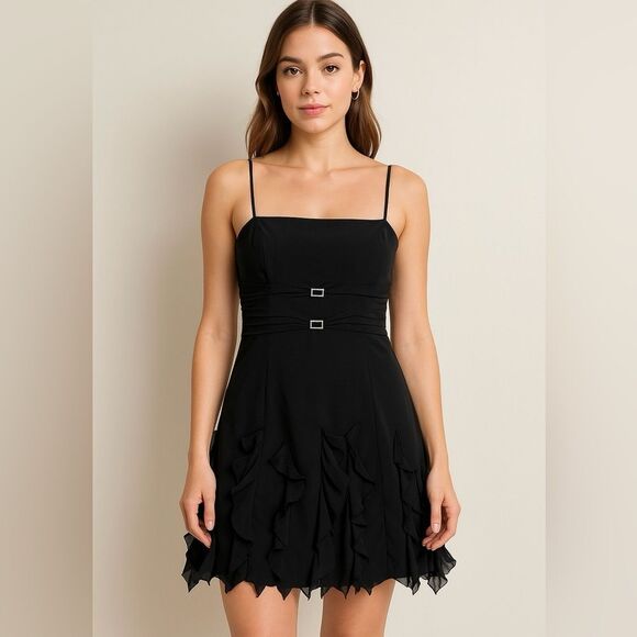 Jovani Dresses & Skirts - Y2K Jovani 100% Silk Black Cocktail Dress Spaghetti Strap Mini Dress Ruffles